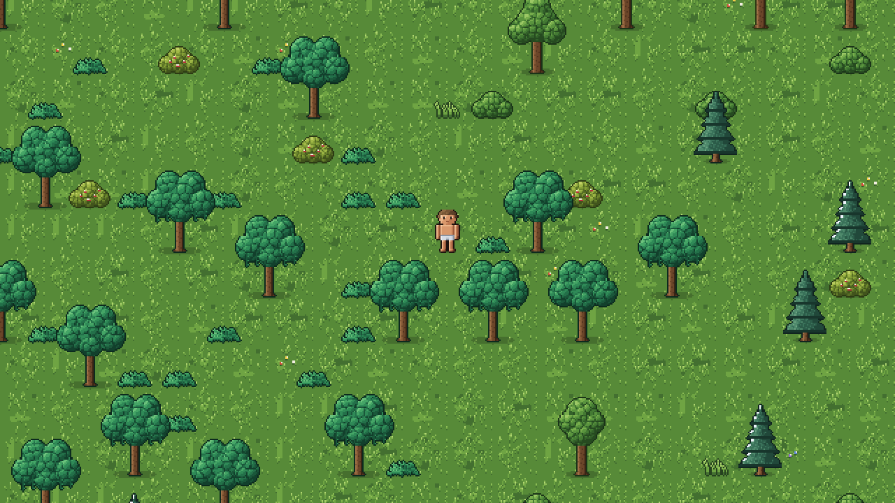 Selva do The Land com árvores e vegetação em pixel art